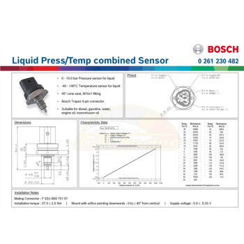 Bosch Performance Fuel/Oil Pressure Sensor - 026154401F / 0261230482 / 0261230340