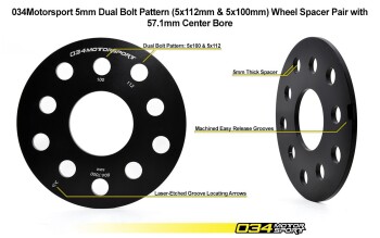 Wheel Spacer Pair, 5mm, 5x112mm & 5x100mm with 57.1mm Center Bore, Audi RS3 (2011-2013) | 034Motorsport