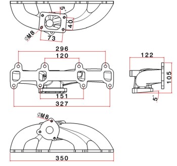 Turbo manifold for Ford Endura 1.3 8V with T25 flange and "L" wastegate connection